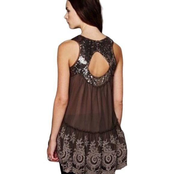 Free People Mirror Mirror Sequin Tunic Top Womens S Brown Cutout Nylon Boho - Picture 10 of 11